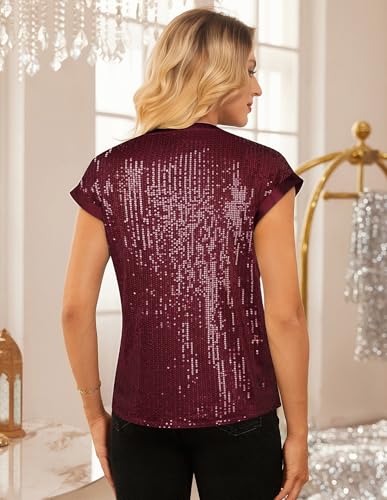 GRACE KARIN Women's Sequin Sparkly Tops Cap Sleeve Dressy Blouses Glitter Party Tops V Neck Disco Shirts Club Concert Outfits