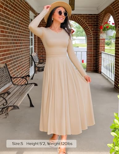 ZESICA Women's Elegant Long Sleeve Maxi Dress 2026 Fall Crewneck Knit High Wasit Pleated Flowy A Line Casual Party Dresses