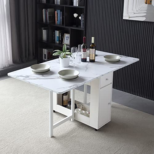 FUNROLUX Folding Dining Table with Rack and 2 Storage Drawers, Movable Extendable Space Saving Kitchen Table in 3 Forms (W...