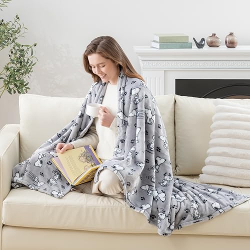 Berkshire Blanket Peanuts® VelvetLoft® Cute Character Snoopy Plush Throw Blanket,Peanuts Poses and Paws Grey,Throw 55 in x...
