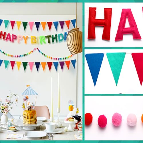 Pre-Strung Happy Birthday Banner, Felt Ball Garland HAPPY BIRTHDAY Garland, Rainbow Decorations Decor Party Pennant, Multi...
