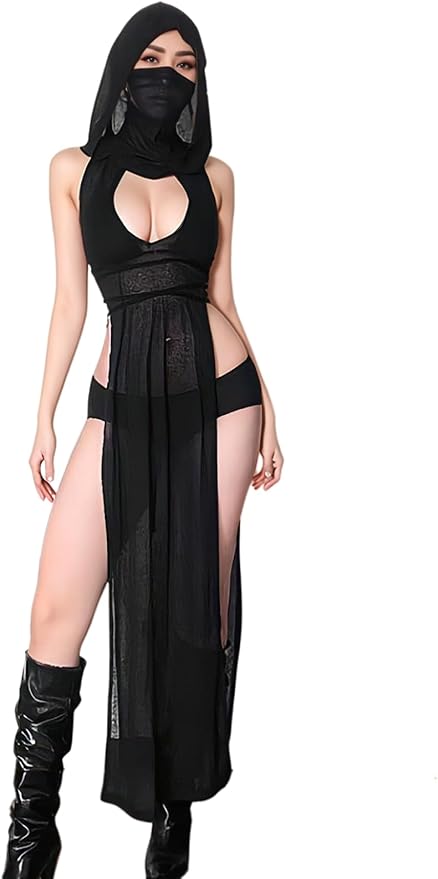 Women's Streetwear Rave Outfits High Slit Off Shoulder Hooded Dress Sexy Plunging Neckline Rave Swimsuit Cover Ups