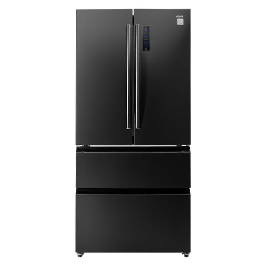 VEVOR French Door Refrigerator, 18.9 Cu. Ft. Kitchen Fridge, Counter Depth French Refrigerator with LED Display and 4 Casters, Frost-Free Bottom Freezer Refrigerators for Home & Commercial Use, Black