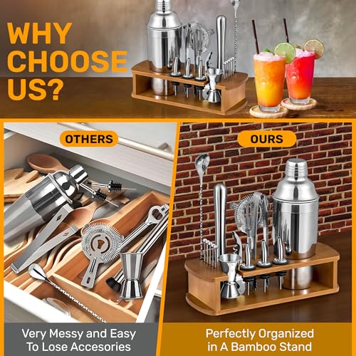 16 Piece Bartender Kit with Bamboo Stand | Cocktail Shaker Set Essential Bar Tools Wine Shaker Ice Filter Mixing Spoon Jig...