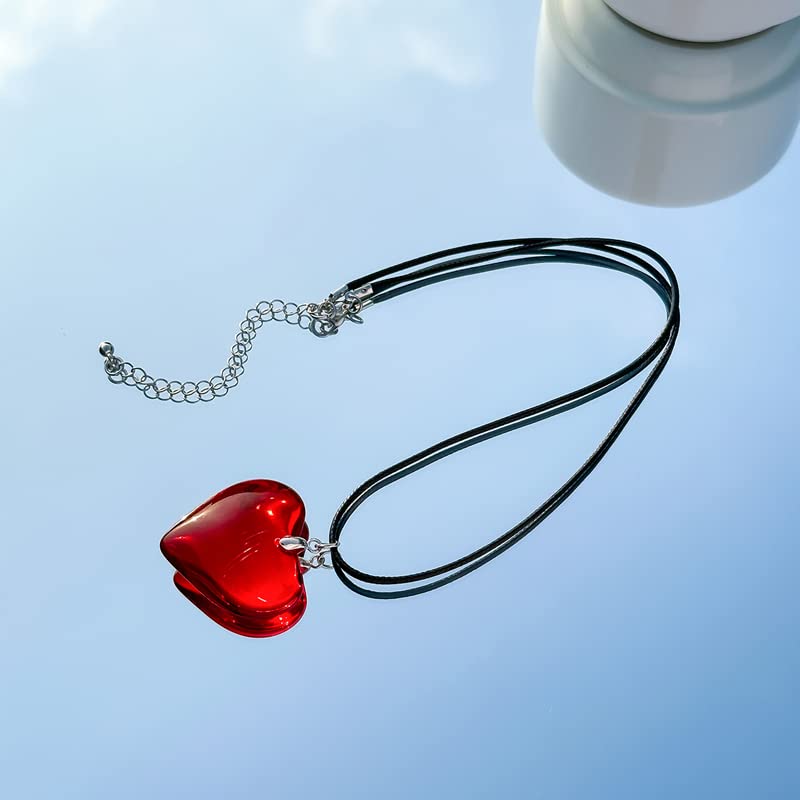 Chunky Puffy Heart Choker Necklace for Women Big Red Glass Heart Pendant Necklace With Leather Rope Chain Y2K Trendy Jewelry Gifts for Girlfriend Lover Women Teen Girls (1.4 in. Glass Red Heart)