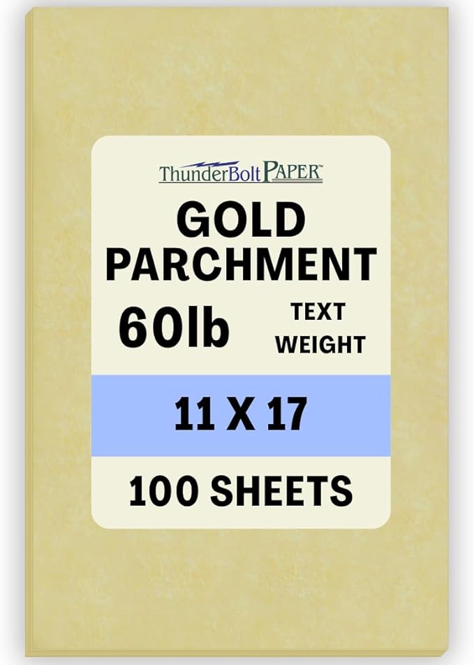 100 Gold Parchment 60# Text (=24# Bond) Paper Sheets - 11" X 17" (11X17 Inches) Tabloid|Ledger|Booklet Size - 60 Pound is Not Card Weight - Vintage Colored Old Parchment Semblance