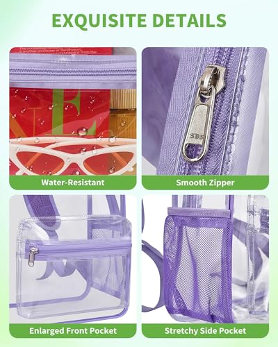 MAY TREE Clear Backpack for Stadium Events, 12x11x5 Inches Small Clear Backpack for Concert Festival Sports Outdoor - Purple