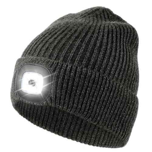 Wmcaps Unisex Hat with Light, USB Rechargeable LED Beanie, Winter Warm Knitted Headlamp Hat Gifts for Men Him Dad Husband