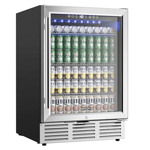 EUHOMY 24 Inch Beverage Refrigerator, 180 Can Built-in Beverage Cooler, Under Counter Beer Fridge with Glass Door for Sod...