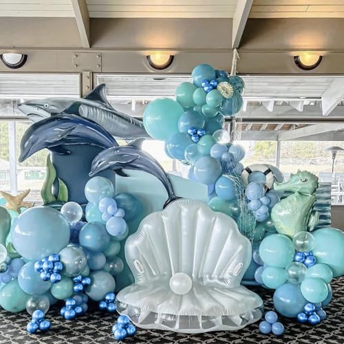 Ocean Themed Party Balloons, 12 Inches Turquoise Teal Blue Clear Metallic Balloons for Ocean Shark Sea Themed Pool Party B...