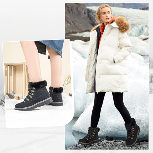 XRH Women’s Winter Warm Boots Black Snow Combat Boots With Zipper,Comfortable Fur Lined Women Ankle Boots Non Slip Hiking ...