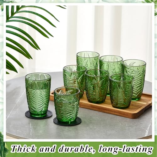 Ferrochef Green Drinking Glasses Set of 8 with Coasters 10 &12 oz Vintage Fern Leaves Textured Green Glass Cups Boho Aesth...