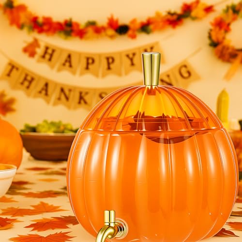 Potchen 1.3 Gallon Pumpkin Plastic Drink Dispenser Thanksgiving Orange Drink Dispenser Fall Harvest Kitchen Decoration Bev...
