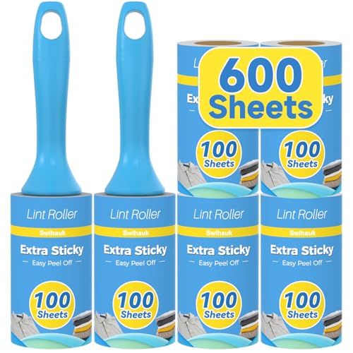 Swihauk 600 Sheets Extra Sticky Lint Rollers for Pet Hair, Easy Spiral Tear Lint Roller for Clothes with Ergonomic Handle,...