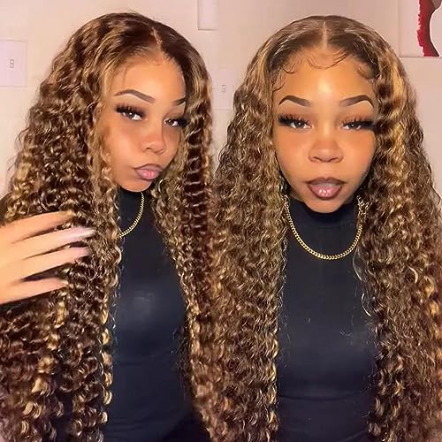 26 Inch 13x6 Highlight Ombre Deep Wave Lace Front Wigs Human Hair Pre Plucked #4/27 Colored Glueless Wigs Water Wave Honey Blonde Curly Lace Frontal Wigs Human Hair for Women