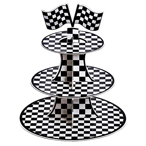 Hmxpls 3-Tier Round Cardboard Cupcake Stand, Racing Car Theme Cardboard Cupcake Holder, Car Theme Dessert Display Stand To...