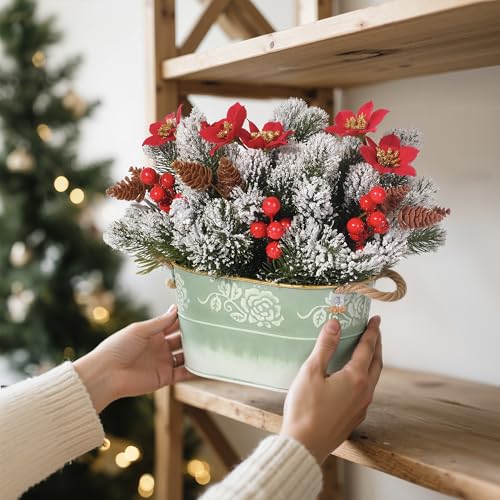 QIMOND Christmas Table Centerpiece with Artificial Red Poinsettias, Snowy Norfolk Pine, Berries & Pine Cones – Lifelike Ho...