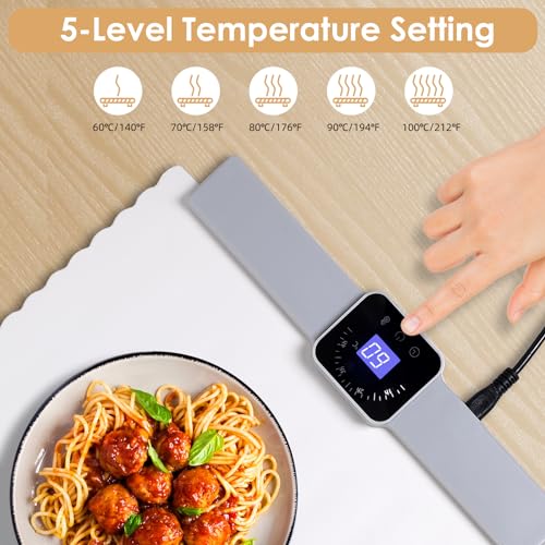 Food Warming Mat - 5 Temperature Settings, 4-Hour Timer, Child Lock, Flexible Silicone, Easy Clean, Multi-Use, Perfect for...