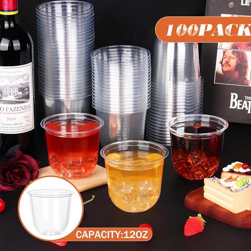 KesaPlan 100 Pcs Disposable Stemless Glasses 12oz Crystal Plastic Wine Glasses Clear Classic Cup for Meeting Weddings Birt...