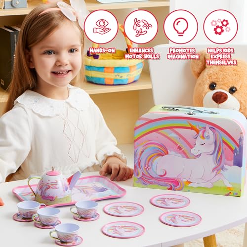 JOYIN Unicorn Tea Party Set for Little Girls, Pretend Pink Tin Teapot Set, Princess Tea Time Play Kitchen Toy with Teapot,...