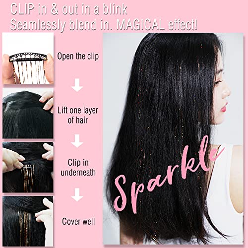 6 Pcs Clip in Hair Tinsle Kit, 19.6 Inch Heat Resistant Glitter Tinsel Hair Extension Clips, Fairy Sparkle Strands Festiva...