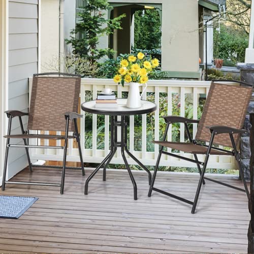 Tangkula 3 Pieces Patio Bistro Set, Outdoor Folding Chairs & Table Set with Tempered Glass Tabletop, Round Table & 2 Folda...
