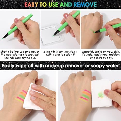 Glow in The Dark Glitter Gel with UV Neon Liquid Eyeliner Pen Set for Body Face Hair Eye, Makeup Kit for Rave Accessories ...