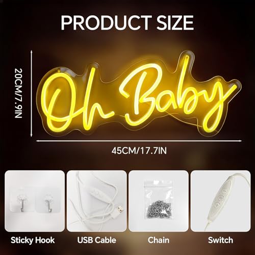 Oh Baby Neon Sign, Dimmable Warm White LED Neon Light for Baby Shower Backdrop, USB Powered Sign for Gender Reveal, Nurser...