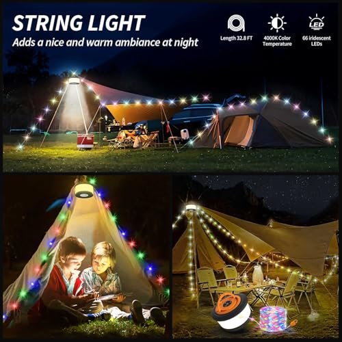 Camping String Lights,2 in 1 Upgraded 32.8FT Rechargeable Tent Lights String with 19 Lighting Modes,Quick Storage，Portable...
