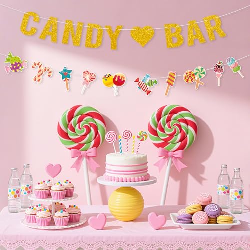Candyland Party Decorations,2Pcs Pre-Strung Glitter Gold Candy Bar Banner,Lollipop Garland Banner for Sweet Candy Themed B...