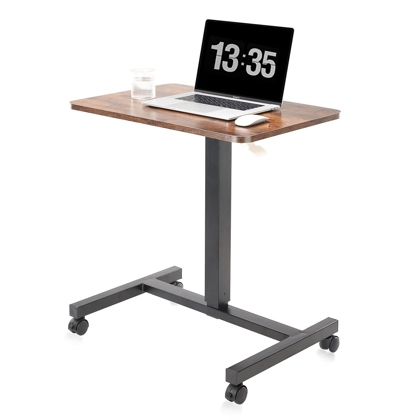 CLATINA Round Edge Design Elegant Mobile Laptop Desk Pneumatic Sit to Stand Table, Height Adjustable Rolling Cart with Lockable Wheels for Home Office Computer Workstation, 28" x 19" Brown