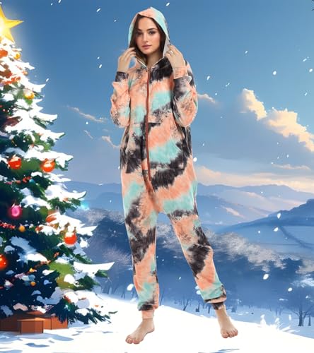 Kgromfy Tie Dye Jumpsuits Womens Onesie Pajamas Hooded Homewear Nightwear Sleepwear Party Costumes