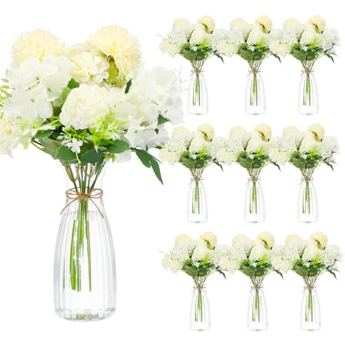 Teecyhooo 31 Pack Hydrangea Artificial Flowers with 10 Clear Plastic Vases 20 Bundles Silk Floral Bouquet Faux Arrangement...