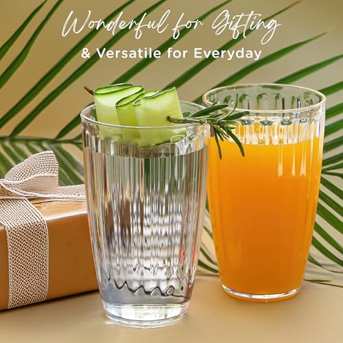 Kate Aspen Clear Ribbed Acrylic Glasses Drinkware Set of 8, 21 oz, Plastic Tumblers, Tumblers & Water Glasses, BPA-Free Pl...