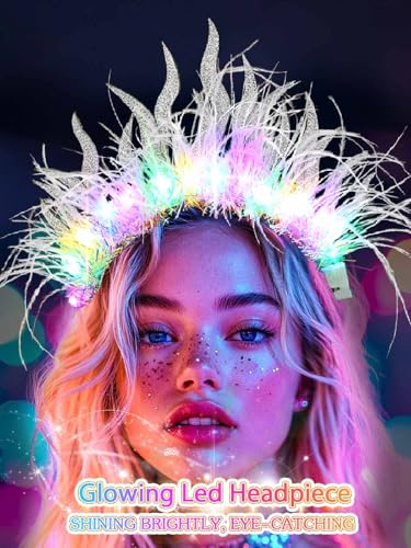 Campsis Light Up Headband White Feather Headpiece Festival Costume Led Hair Accessory Hair Accessories for Women