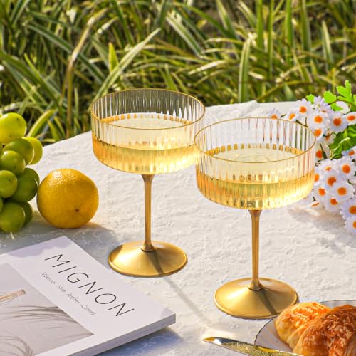 HKSZEH 24 PCS Ribbed Coupe Glasses with Gold Stem Clear Plastic Champagne Coupe Cup 10oz Detachable Gold Rim Espresso Mart...