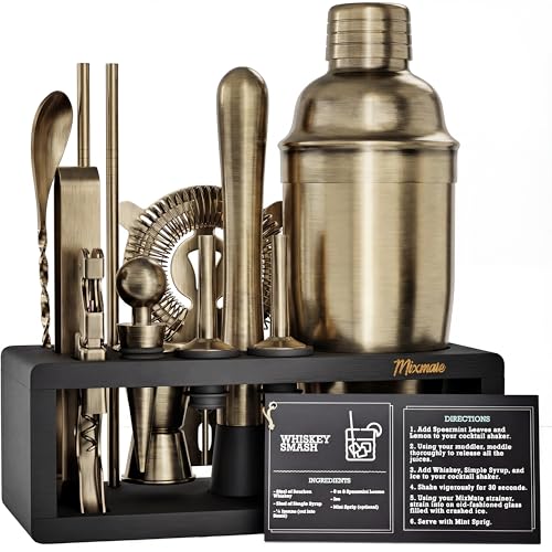 Brushed Brass Mixology Kit - 15 Piece Bar Tool Set, Silver Bar Set Cocktail Shaker Set for Drink Mixing - Includes Martini...