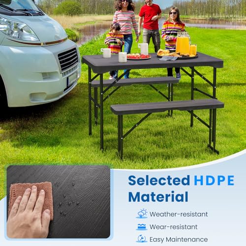 Tangkula Picnic Table with 2 Benches, 3 Piece Folding Picnic Table Set with HDPE Tabletop, Sturdy Metal Frame, 4 Person Pl...