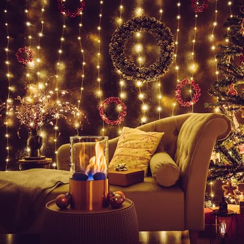 Curtain String Lights 6.5 x 5 ft,195 LED Battery Operated USB Powered light with 8 Modes Dimmable Timer,Copper Tapestry Tw...