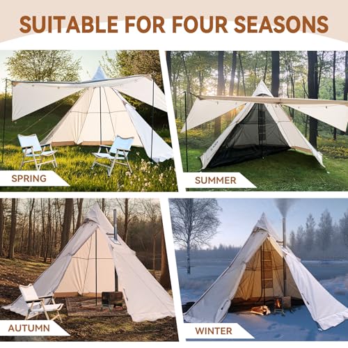 Zoring Hot Tent with Stove Jack, 4 Season 3-4 Person Tipi Tent for Camping, 8.2ft Standing Room with Snow Skirt, Cold Weat...