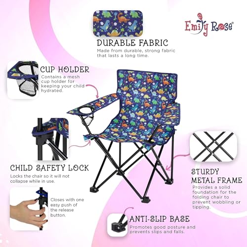 Emily Rose Kids Playful Dinosaurs Folding Beach Camp Chair Ages 2-7 - Toddler Travel Chair with Safety Lock Cup Holder & C...