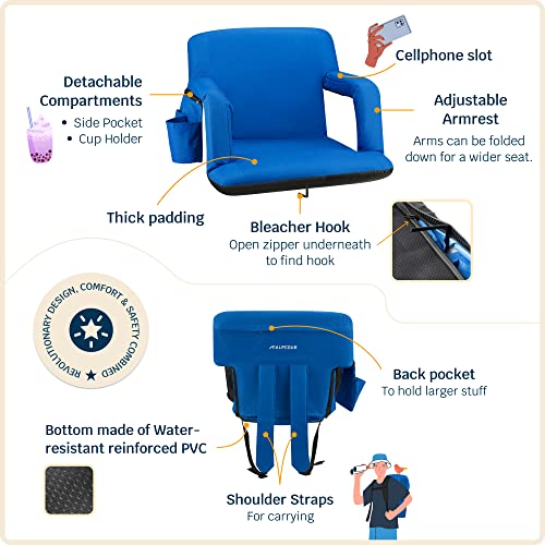 Alpcour Reclining Stadium Seat – Wide Bleacher Chair with Back Support and Cushion, Armrests, Side Pockets, and Bleachers ...
