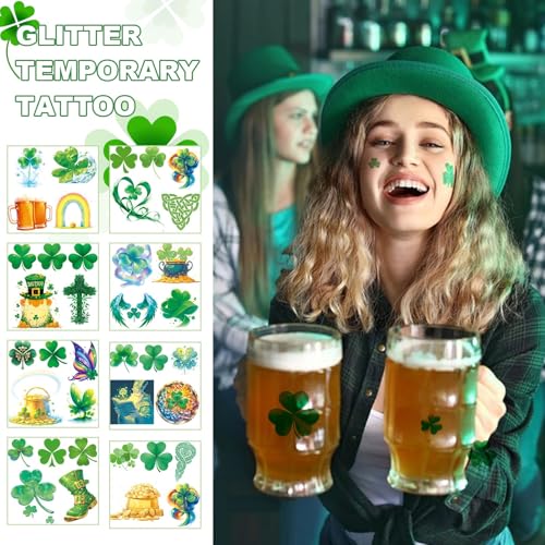 St. Patrick's Day Glitter Shamrock Temporary Tattoos & Face Stickers, St Patricks Day Decorations Accessories Waterproof S...