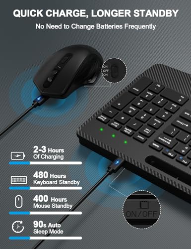 Wireless Keyboard and Mouse Combo, Ergonomic Keyboard with Wrist Rest, Phone Holder, Sleep Mode, 2.4G Lag-Free Rechargeabl...