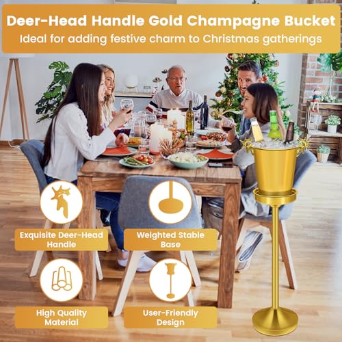 ExGizmo Ice Bucket with Stand,Gold Stainless Steel Champagne Ice Bucket,Deer Head Handle Wine Chiller Bucket for Christmas...