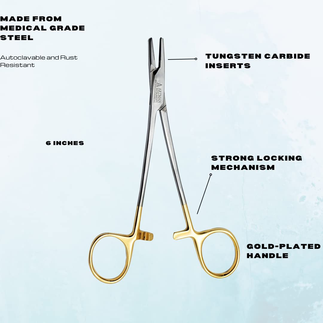 ARTMAN INSTRUMENTS Mayo Hegar Needle Holder 6" Tungsten Carbide Inserts, Gold Plated Needle Driver with Strong Lock, Serrated Jaws for Precise Suturing, Autoclavable