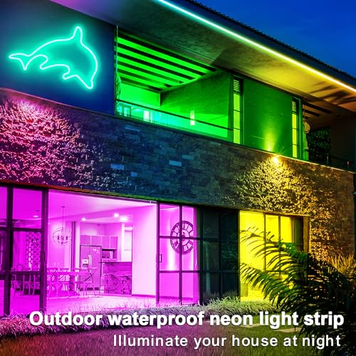 100FT RGB LED neon Rope Lights LED neon Lights with Remote/APP Control 24V IP65 Waterproof Flexible Neon LED Strip Lights ...