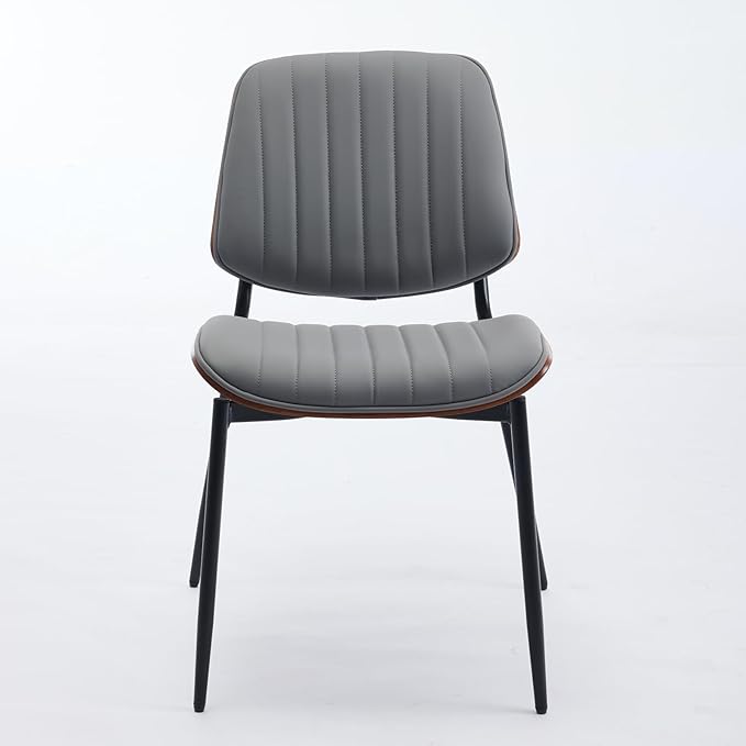 YaFiti Dining Chairs Set of 8, Mid Century Modern Accent Dining Room and Kitchen Chairs, Upholstered PU Leather Vertical Stripe Chairs for Vanity with Walnut Bentwood and Metal Legs, Gray