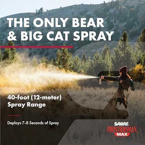SABRE Frontiersman MAX Bear Spray ? 40 ft Range, Maximum Strength, The Only EPA-Registered Spray for Bears & Mountain Lions, 9.2 oz, Glow Safety Clip, Outdoor Hiking & Camping Protection