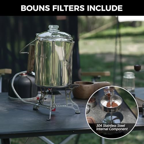 KingCamp Percolator Coffee Pot Campfire Coffee Boiler Kettle 304 Stainless Steel with Camping Stove, 3 Burners Propane Por...